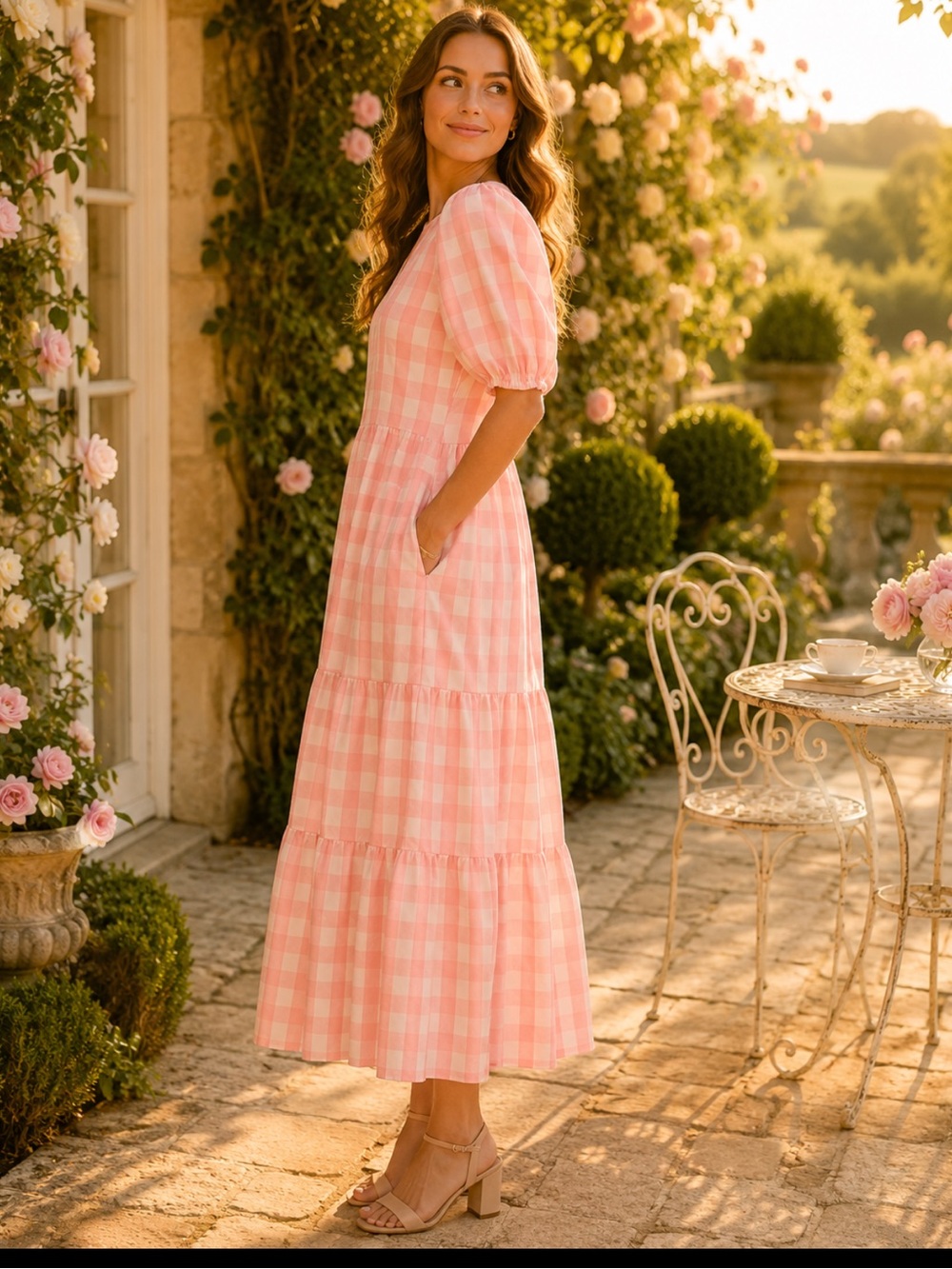 English Factory 2X Pink Gingham Puff Sleeve Tiered Maxi Dress NWT - Picture 4 of 12